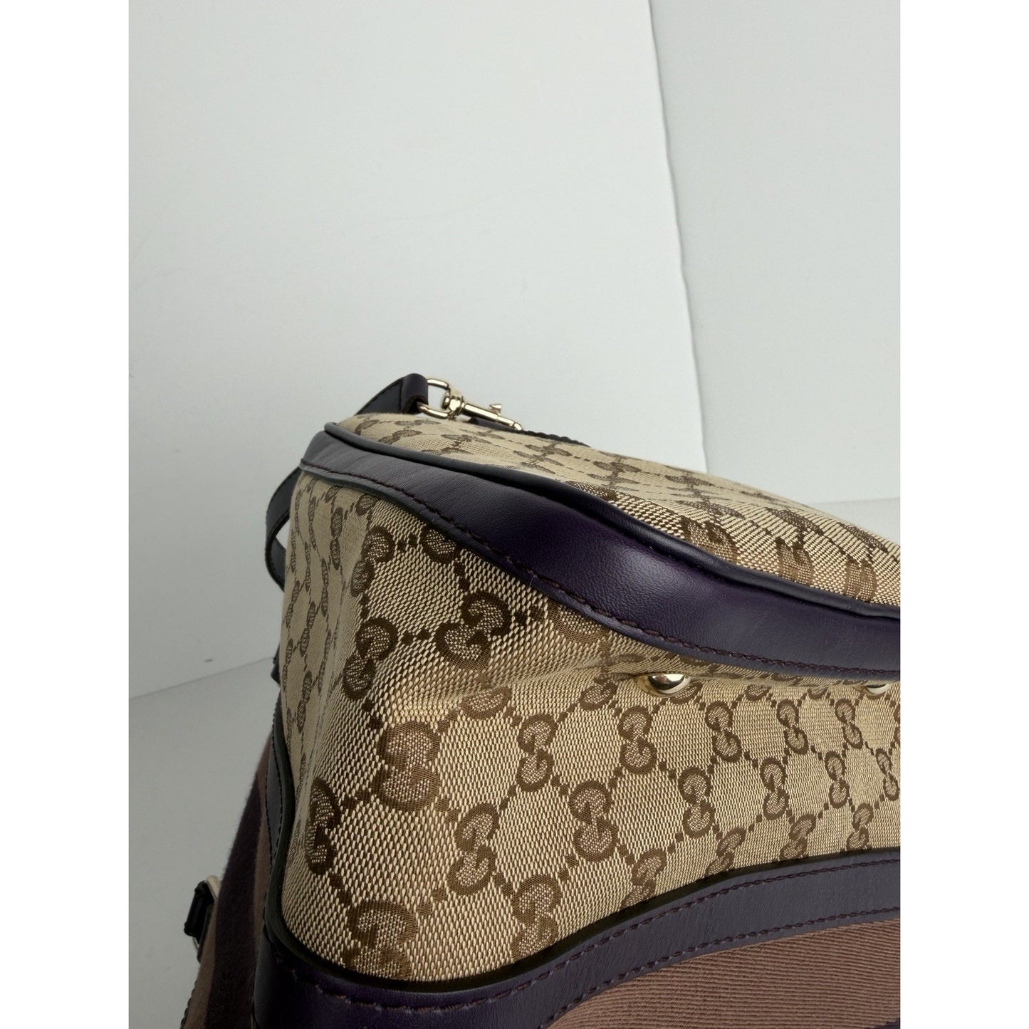Gucci Web Boston Medium Bag in Brown GG Monogram Canvas & Purple Trim S