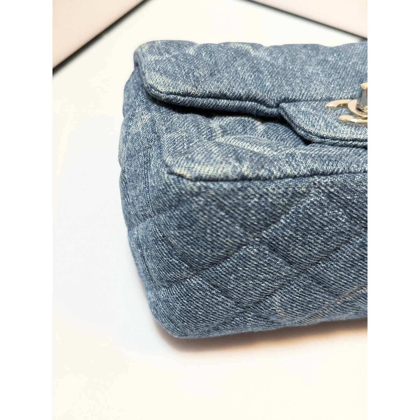 Chanel Square Classic Single Flap Bag Quilted CC Printed Denim Mini