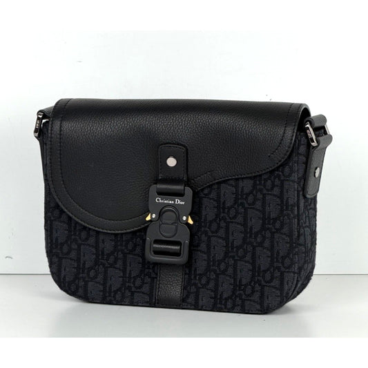 Christian Dior Saddle Messenger Small Bag in Black Jacquard with Leather Trim D9