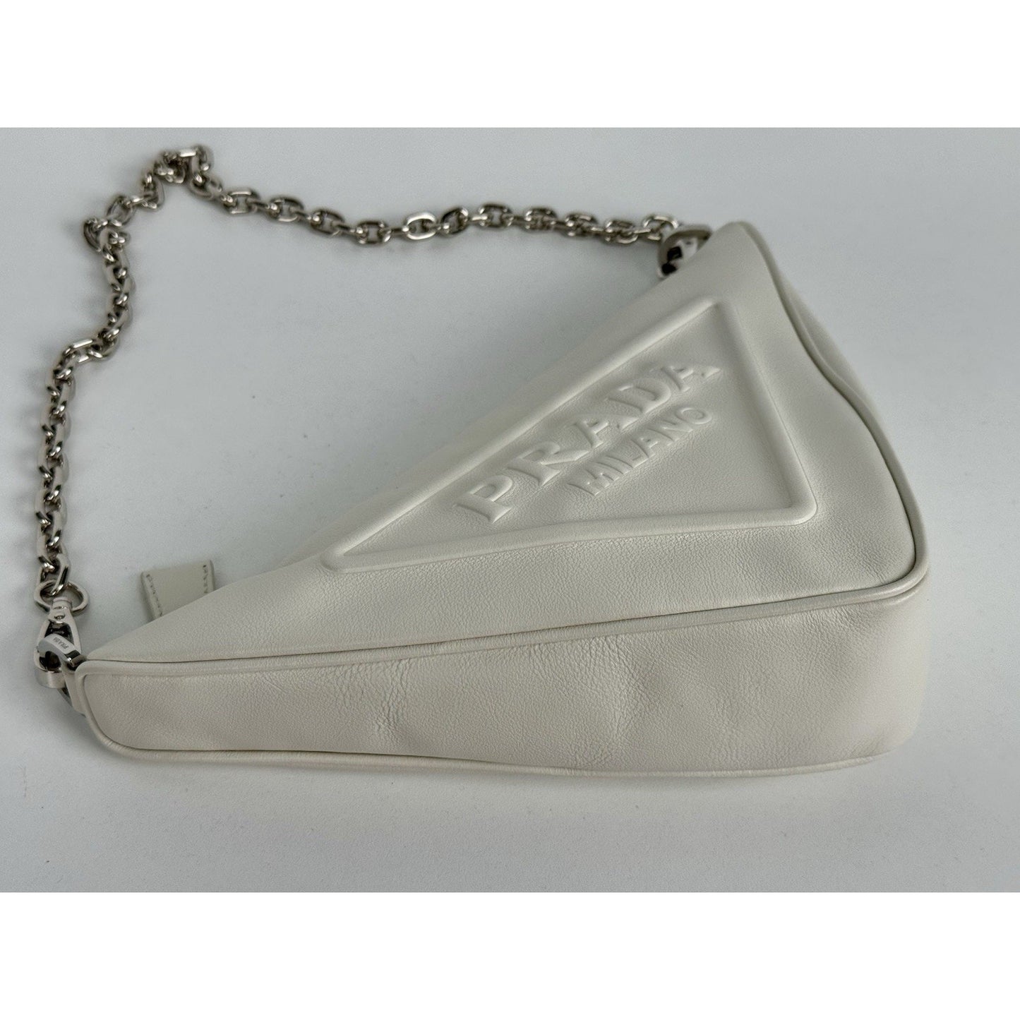 Prada Triangle Logo Shoulder Bag Ivory Leather Silver Hardware