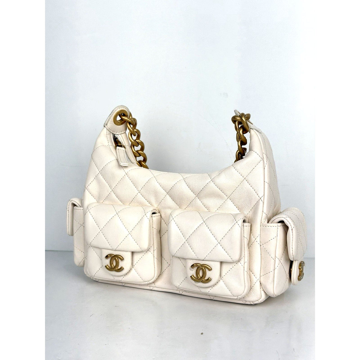 Chanel Trendy Pockets Hobo Bag Medium in White Quilted Lambskin Leather NFC B7