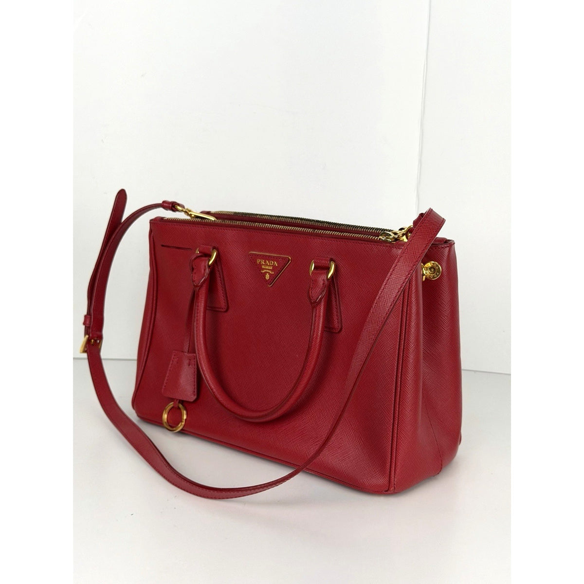 Prada Galleria Medium Top Handle Bag in Red Saffiano Leather Signature Logo S-05