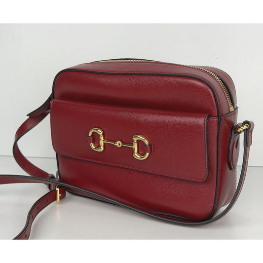 Gucci Horsebit 1955 Camera Bag Small in Red Textured Calfskin Leather S04
