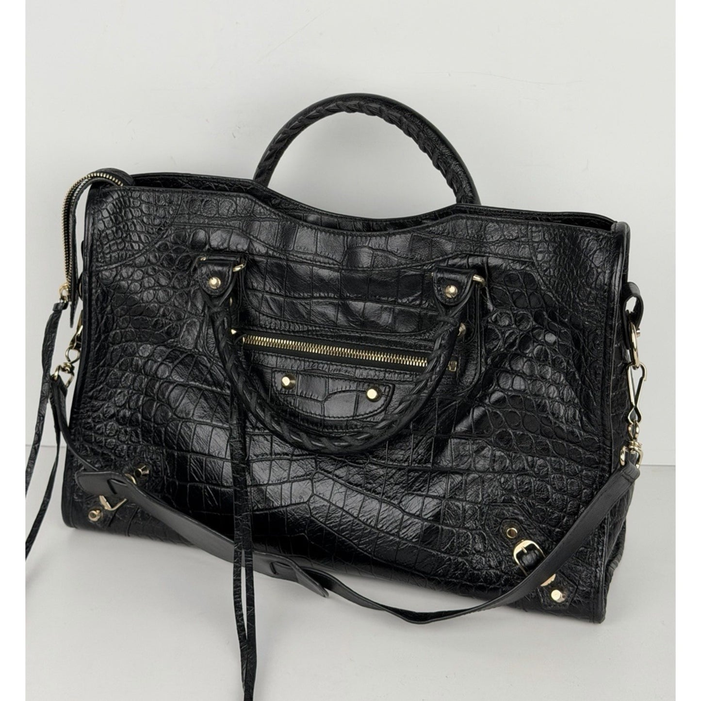 Balenciaga Le City Bag Medium in Black Crocodile-Embossed Leather C-7