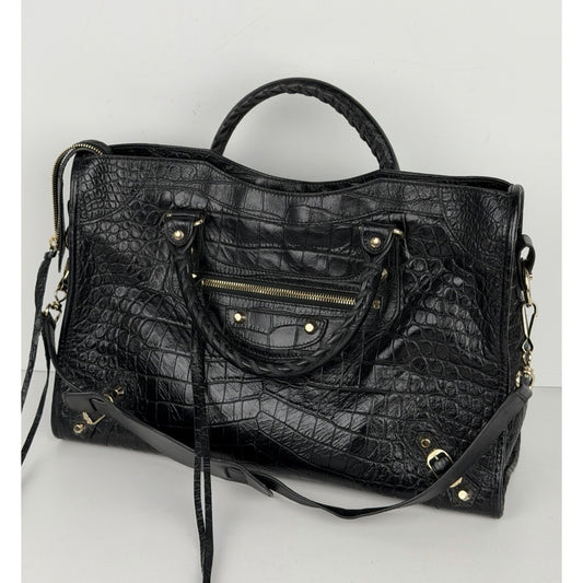 Balenciaga Le City Bag Medium in Black Crocodile-Embossed Leather C-7