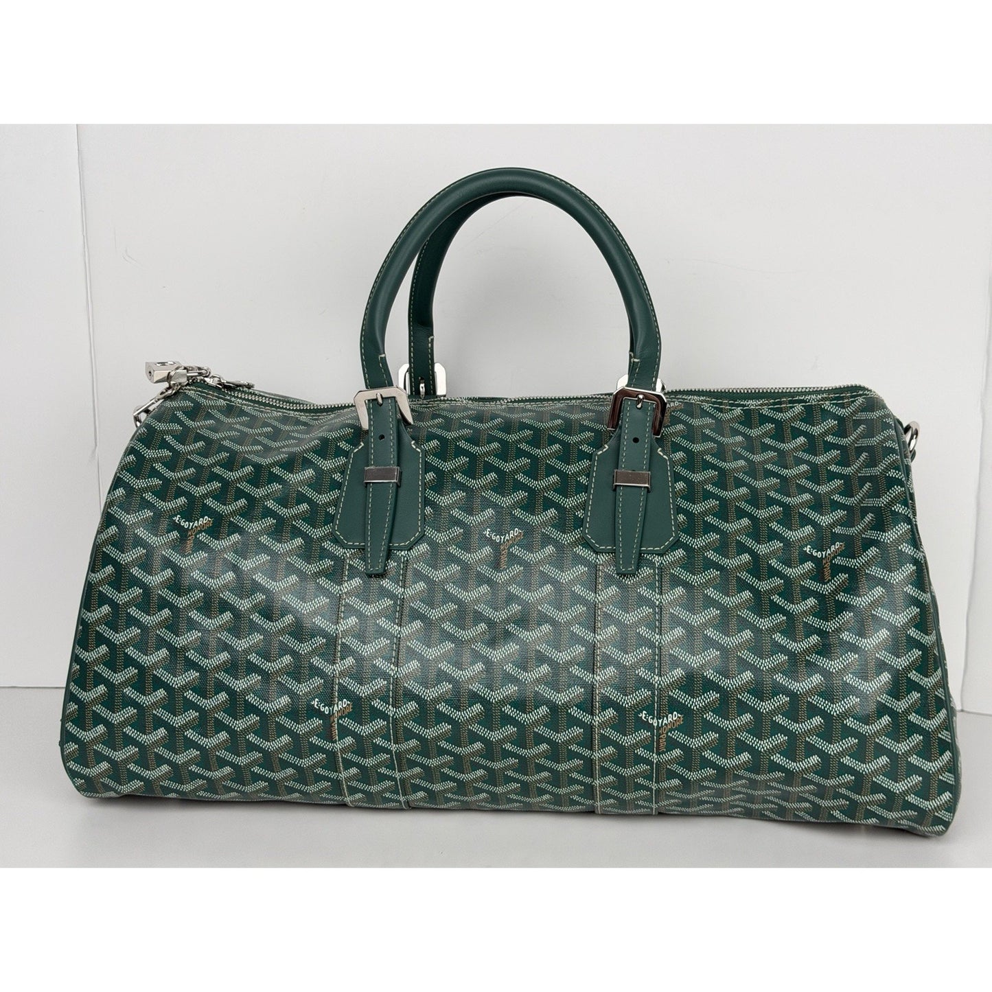 Goyard Boston 45 Travel Bag in Green Goyardine Canvas with Leather Trim