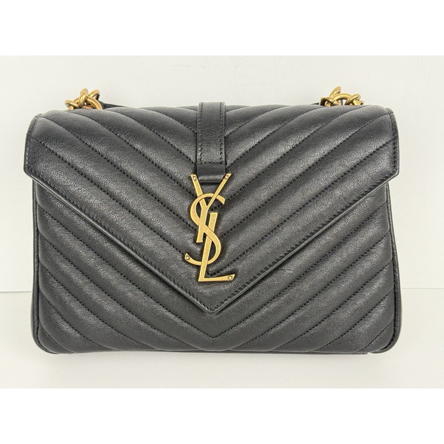 Saint Laurent Medium College Bag Chevron Quilted Black Leather