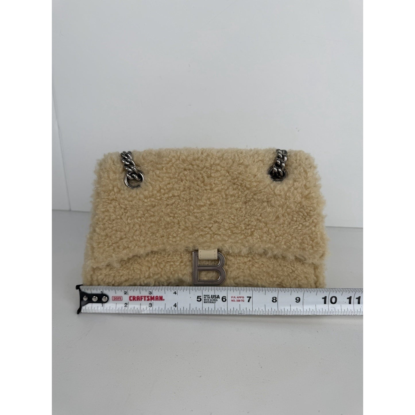 Balenciaga Hourglass Chain Shoulder Bag Small in Beige Curly Faux Shearling C-9