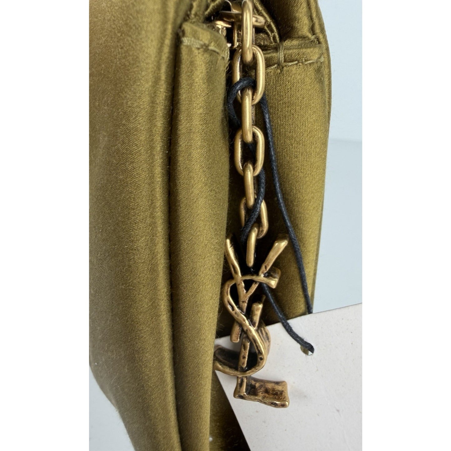 Saint Laurent Evening Soft Clutch Bag in Mustard Green Satin S-05