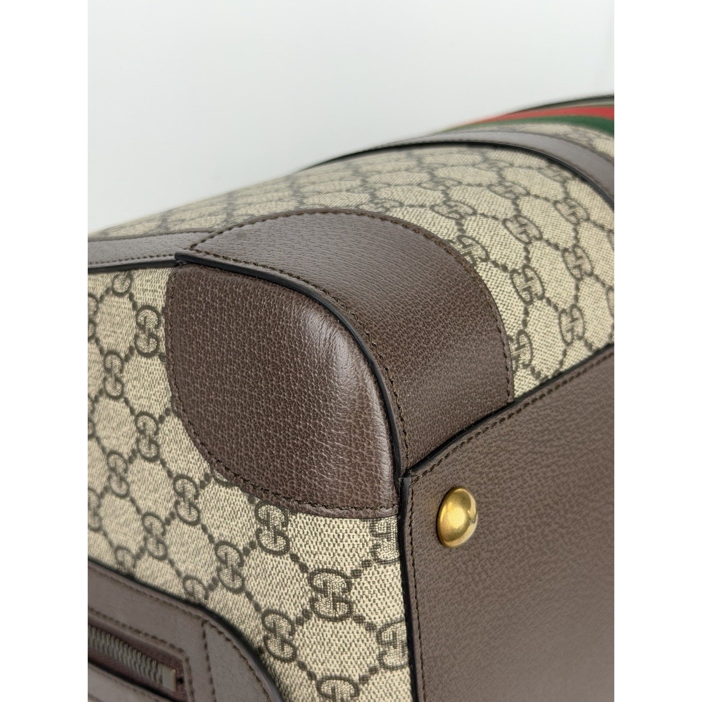 Gucci Savoy Medium Duffle Bag GG Supreme Canvas Brown Leather Trim