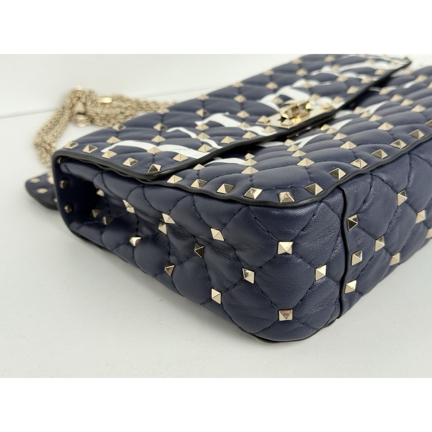 Valentino Garavani Nappa VLTN Print Medium Rockstud Spike Shoulder Bag Navy Blue
