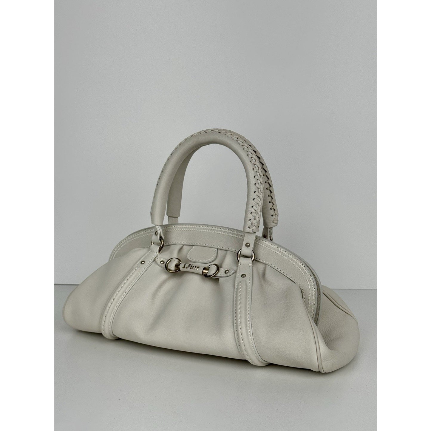 Christian Dior My Dior Frame Satchel White Leather Silver Hardware