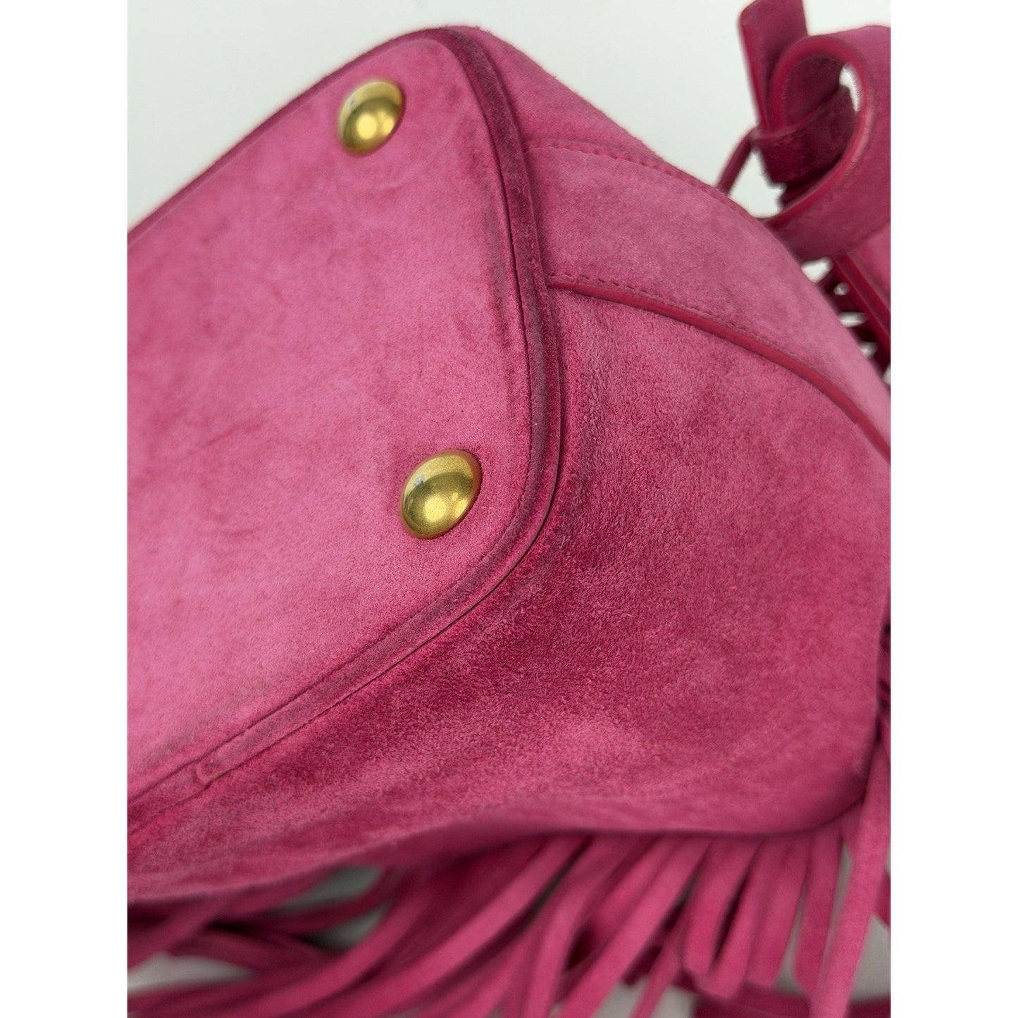 Saint Laurent Emmanuelle Fringe Bucket Bag in Pink Suede F2