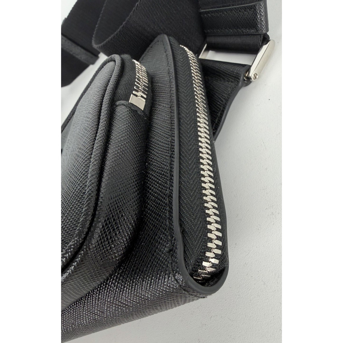 Prada Enameled Metal Triangle Logo Belt Bag in Black Saffiano Leather B-5