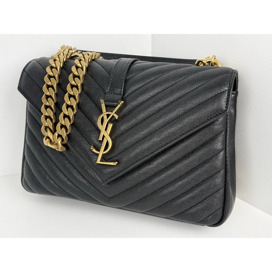 Saint Laurent Medium College Bag Chevron Quilted Black Leather