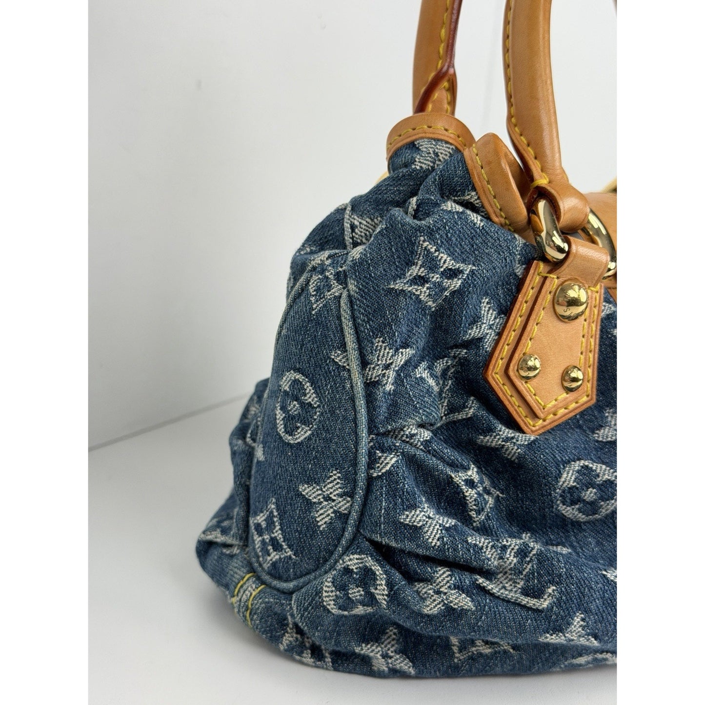 Louis Vuitton Denim Pleaty HandBag Blue Monogram & Gold-Tone Hardware D8