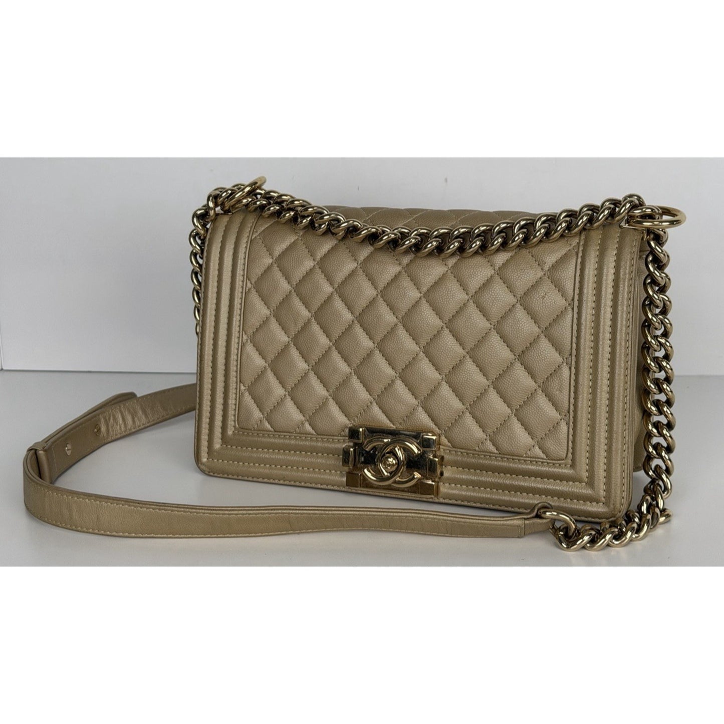 Chanel Medium Boy Flap Bag in Gold or Dark Beige Caviar Leather F1