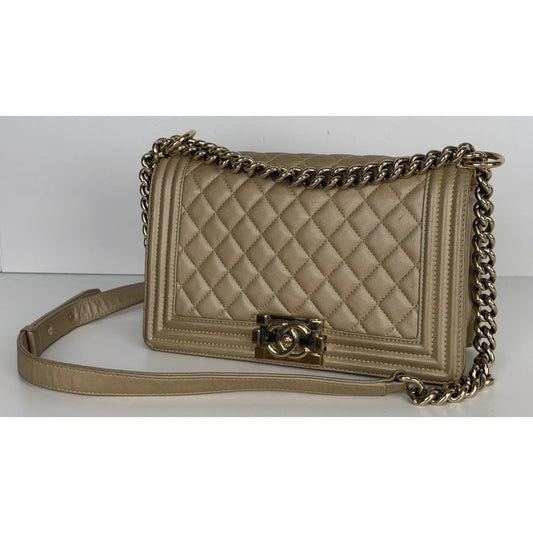Chanel Medium Boy Flap Bag in Gold or Dark Beige Caviar Leather F1