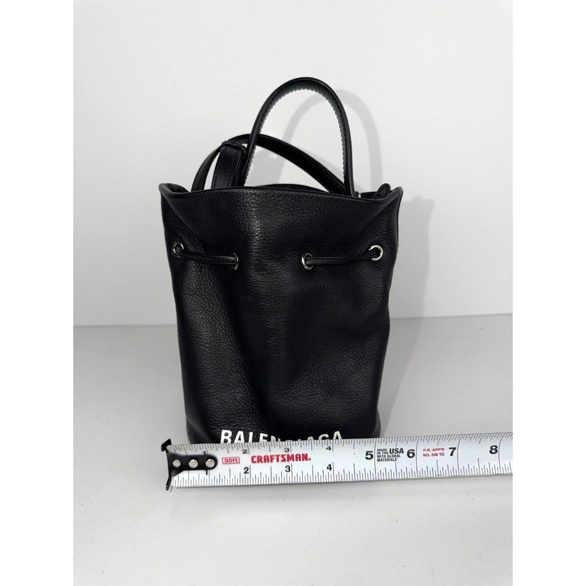 Balenciaga Everyday XS Bucket Bag in Black Grained Leather with White Logo S-10