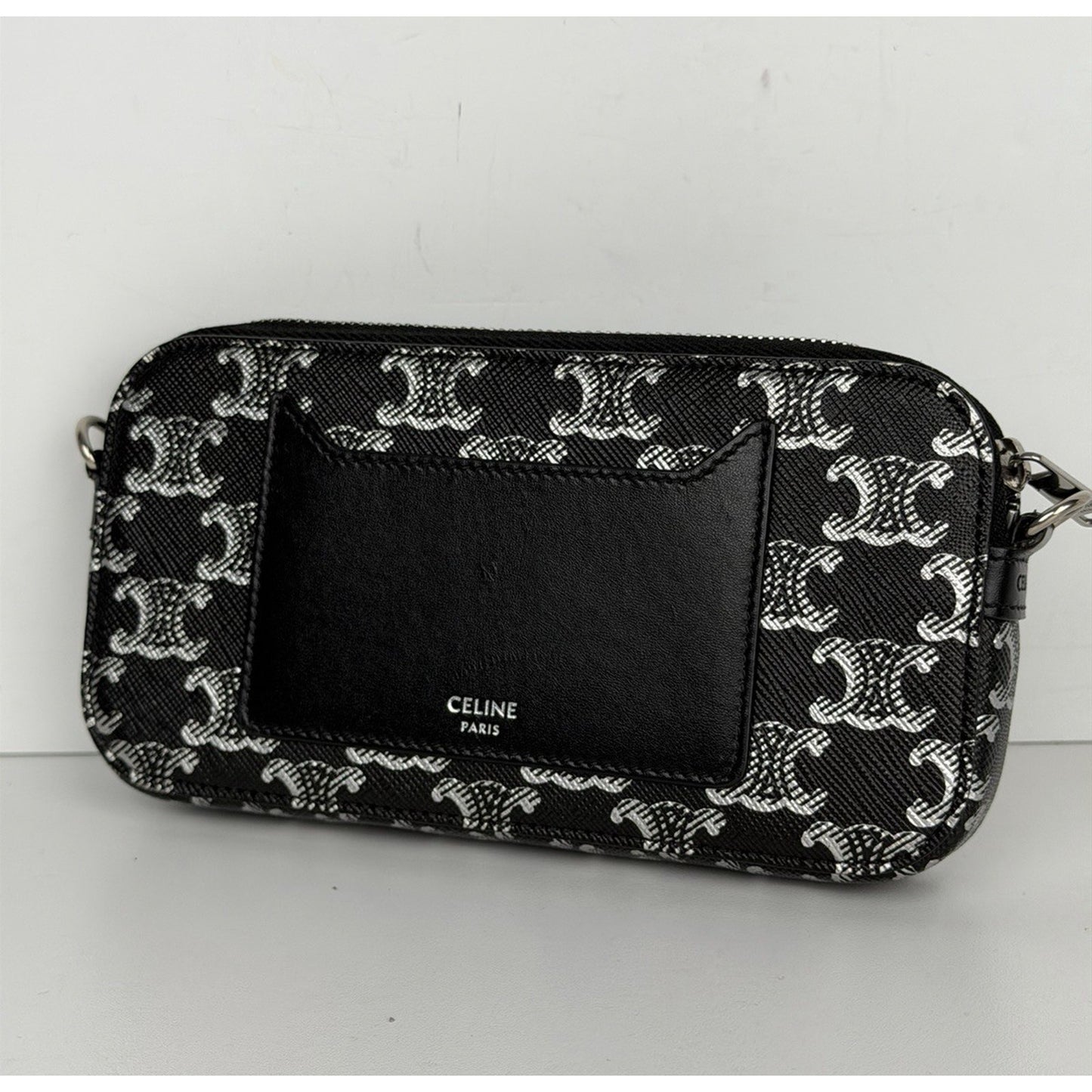Celine Triomphe Horizontal Pouch Black Coated Canvas Smooth Calfskin Trim K2