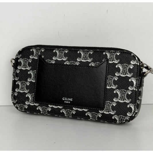 Celine Triomphe Horizontal Pouch Black Coated Canvas Smooth Calfskin Trim K2