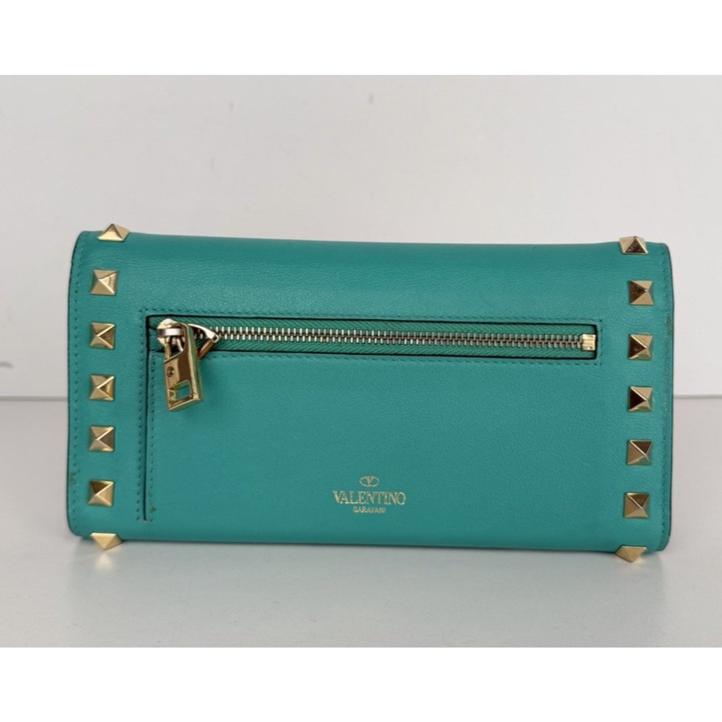 Valentino Garavani Rockstud Wallet in Turquoise Leather with Studded Accents K1