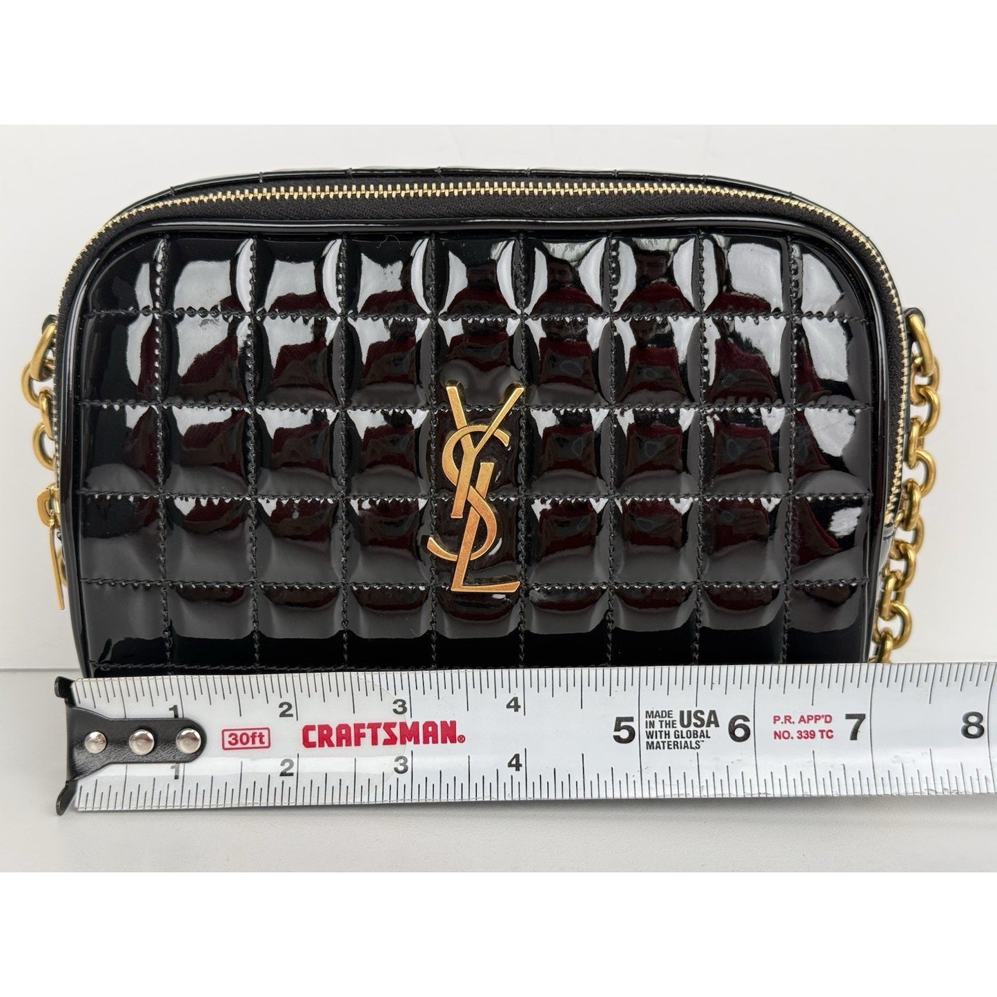 Saint Laurent Patent Calfskin Carré Quilted Cassandre Mini Camera Bag Black