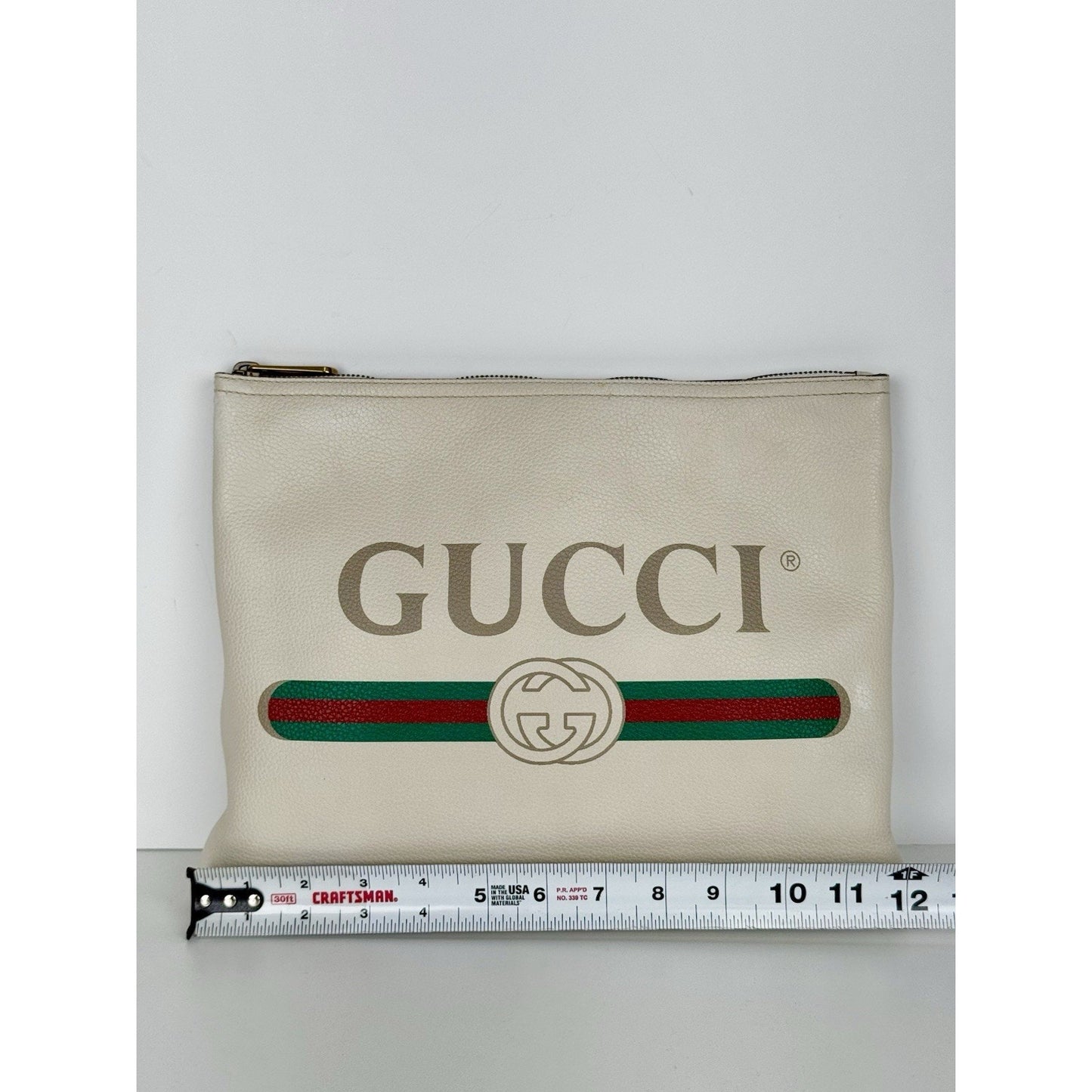 Gucci White Leather Logo Print Zip Pouch with Gold Hardware D-1