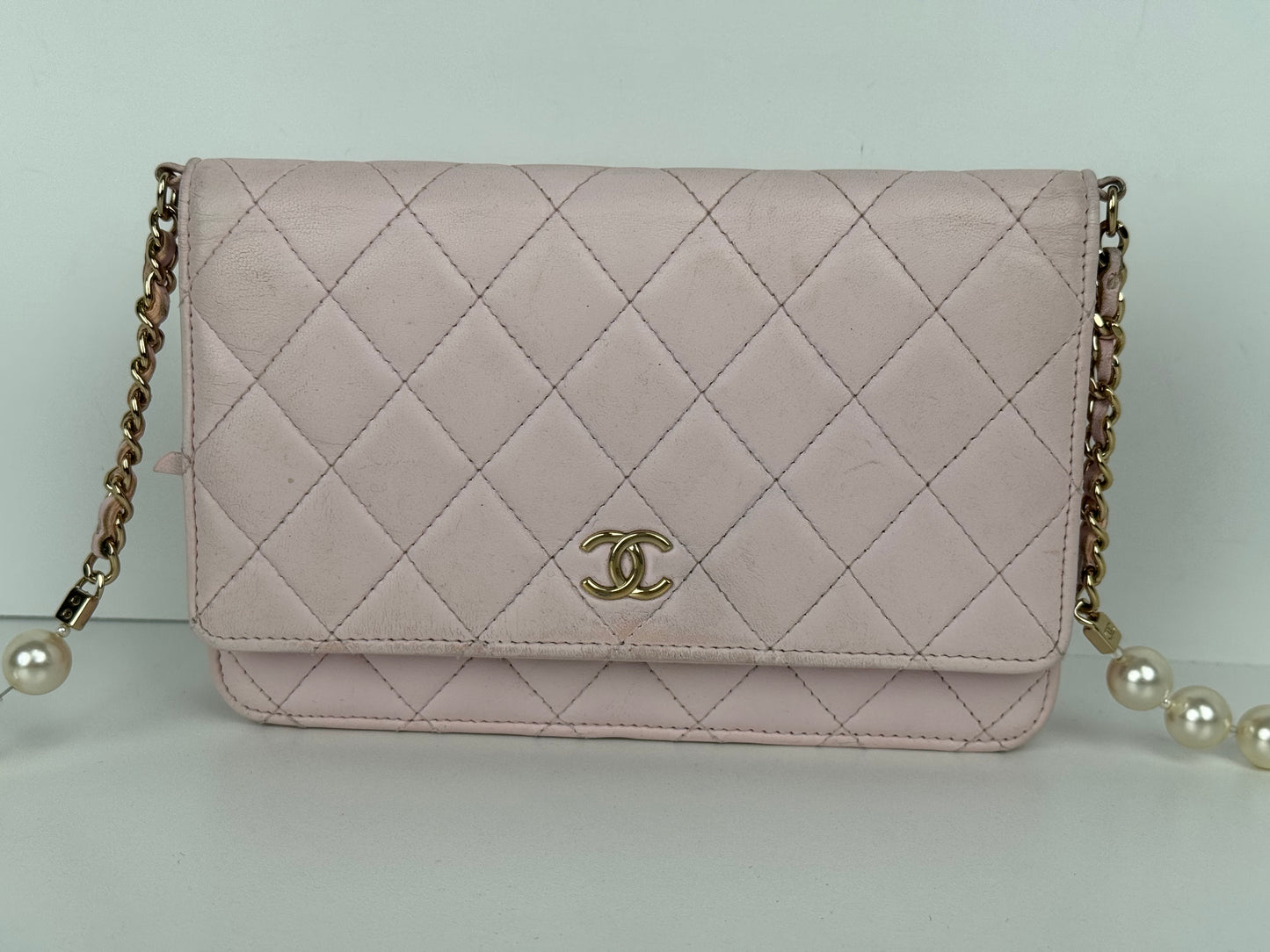 Chanel Pink Quilted Leather Pearl Wallet on Chain With Gold Hardware