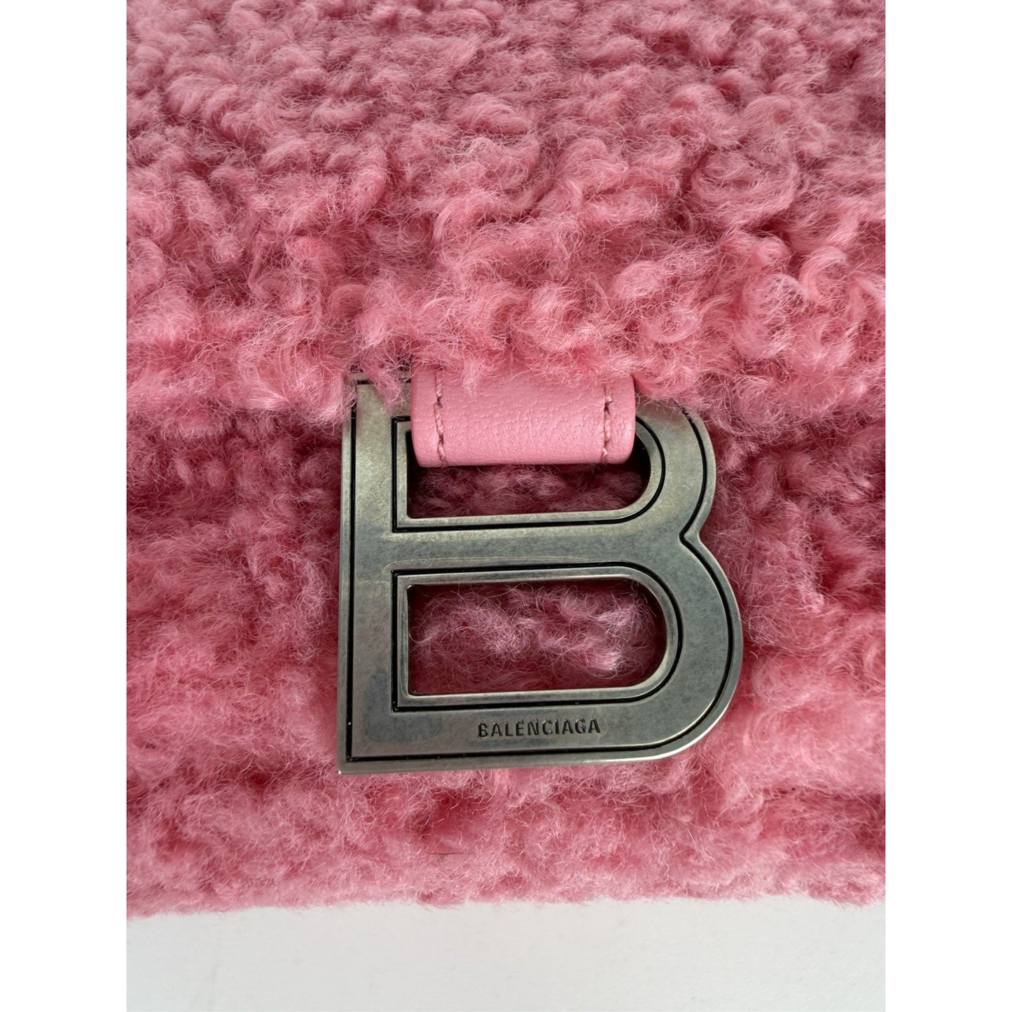 Balenciaga Hourglass Top Handle Bag Small in Pink Fuzzy Faux Fur S-01