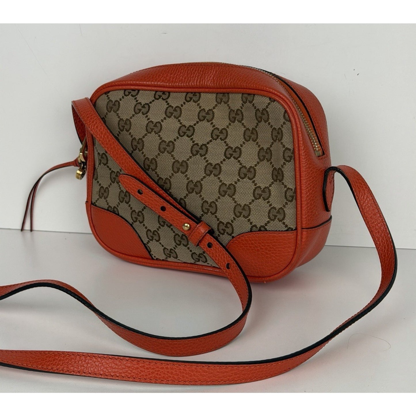 Gucci Bree Camera Bag Beige&Ebony GG Monogram Canvas & Orange leather Trim S11