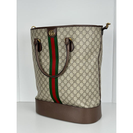 Gucci Ophidia Savoy Web Striped Vertical Tote GG Supreme Canvas