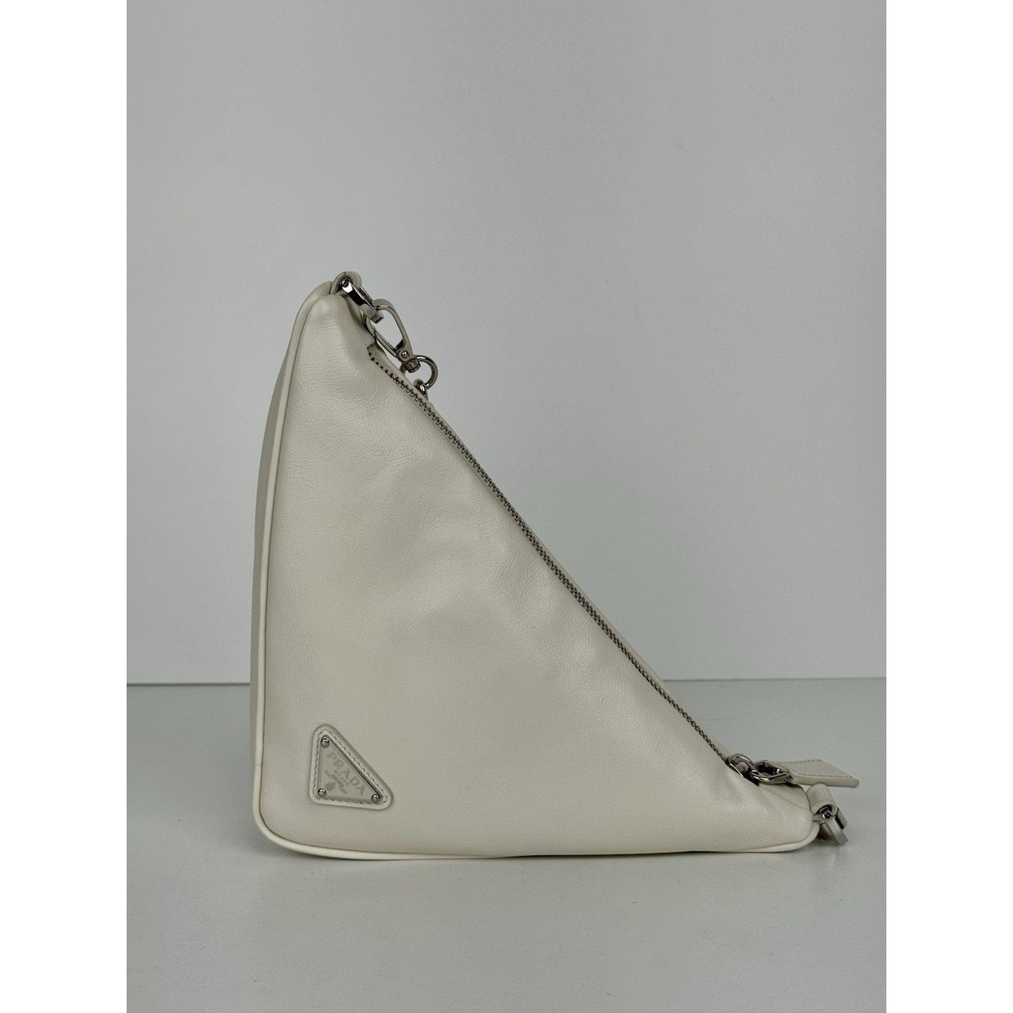 Prada Triangle Logo Shoulder Bag Ivory Leather Silver Hardware