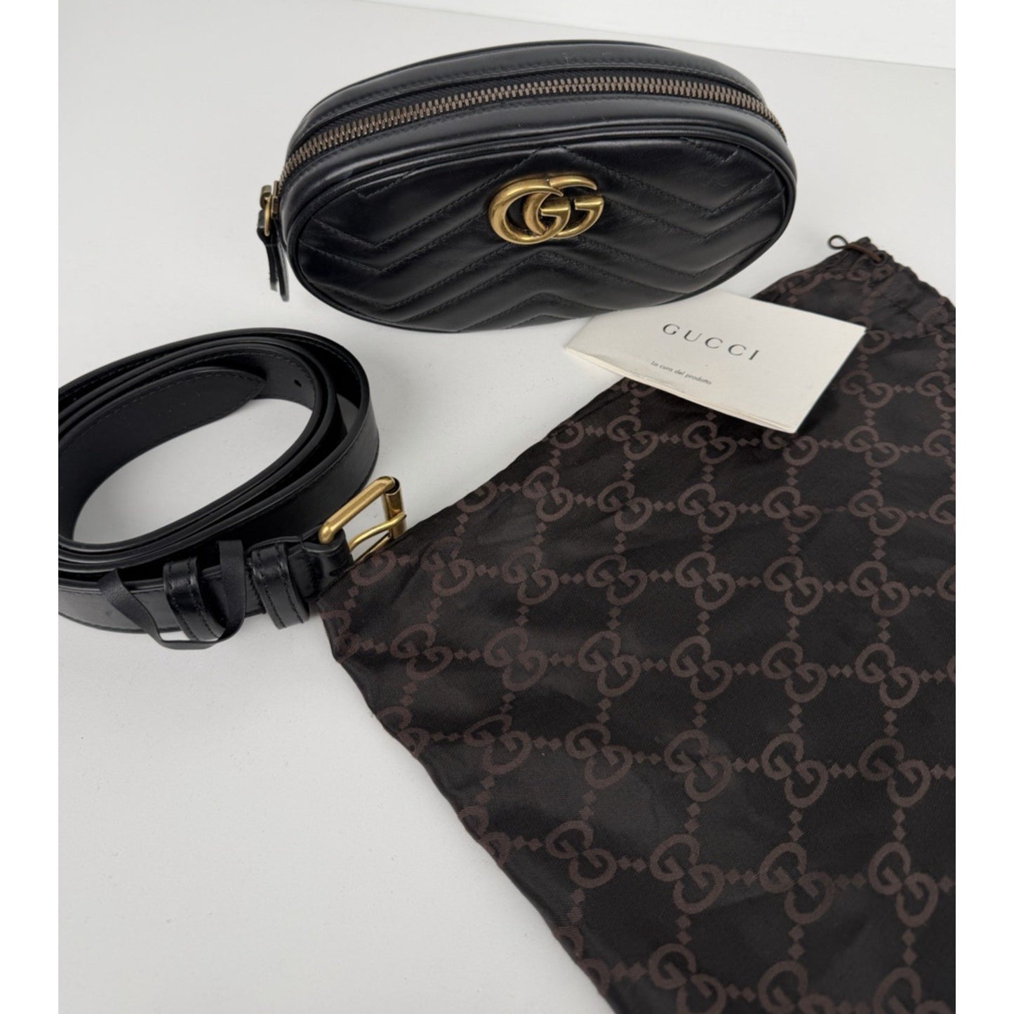 Gucci GG Marmont Small Belt Bag in Black Matelasse Quilted Chevron Leather S19