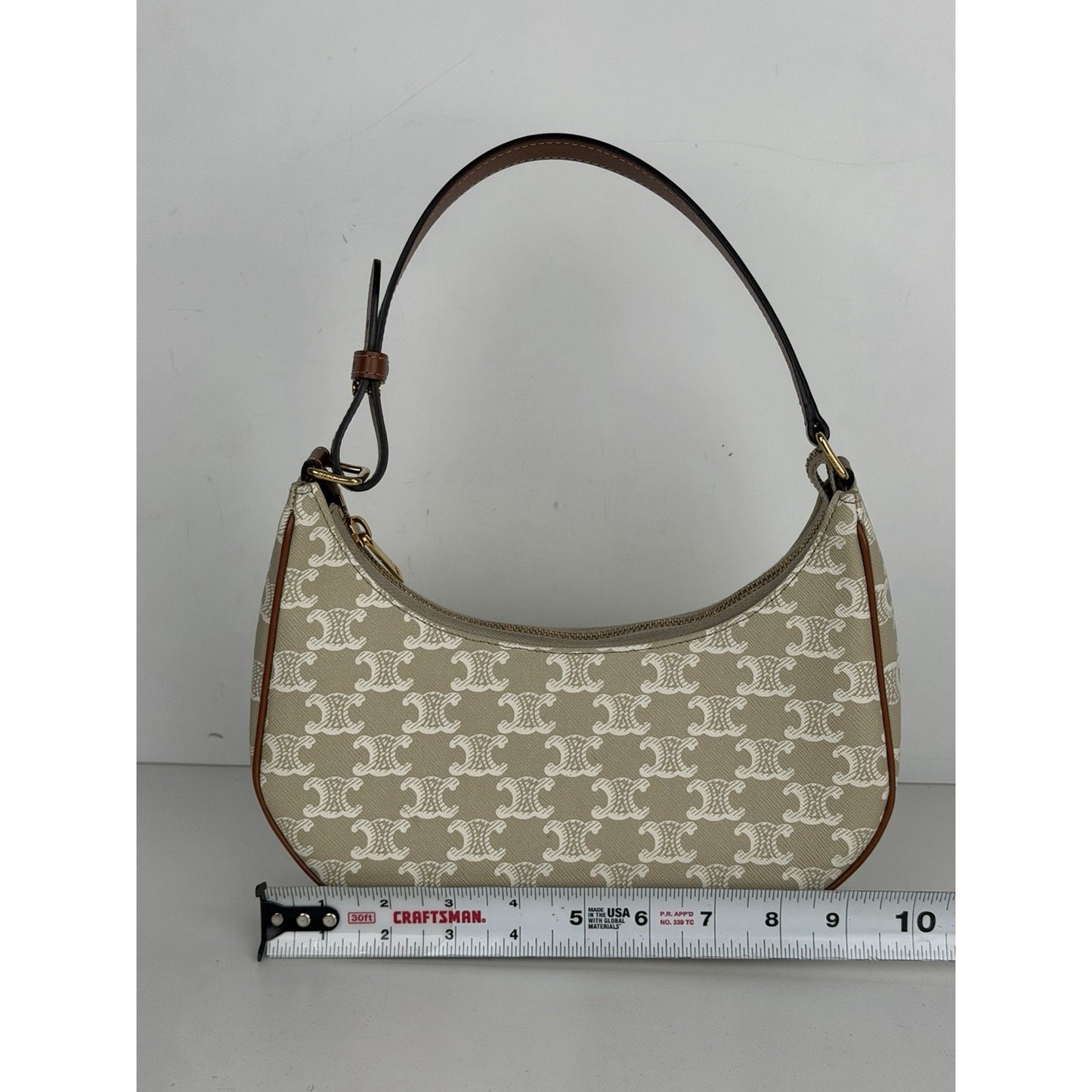 Celine Triomphe Ava Shoulder Bag Beige Coated Canvas with Brown Leather Trim S08