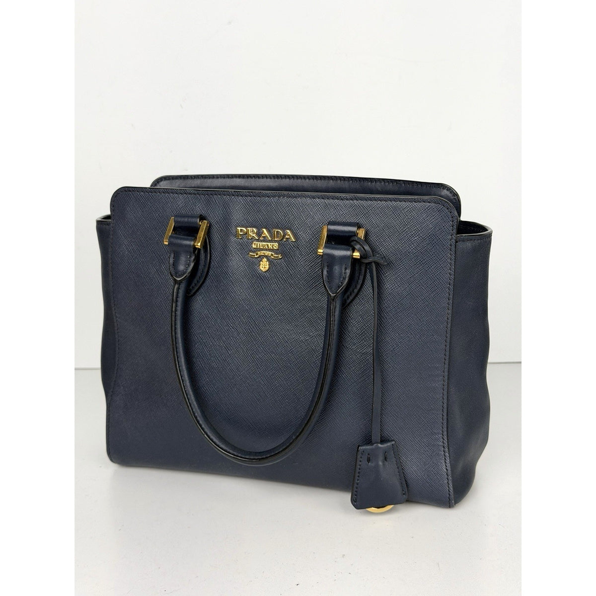 Prada Saffiano Small Top Handle Tote Bag in Blue Leather Gold-Tone Hardware S-05