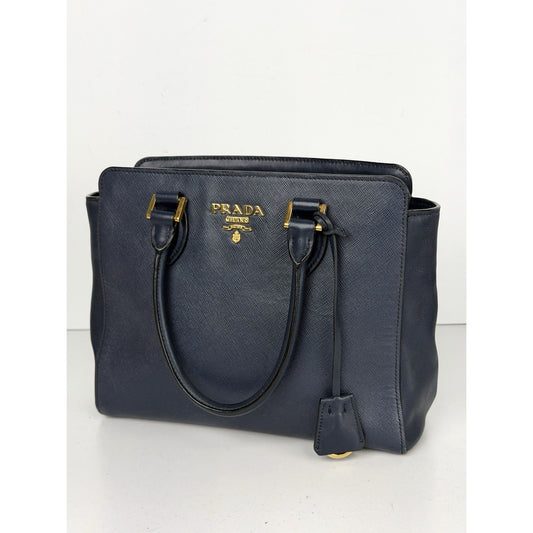 Prada Saffiano Small Top Handle Tote Bag in Blue Leather Gold-Tone Hardware S-05