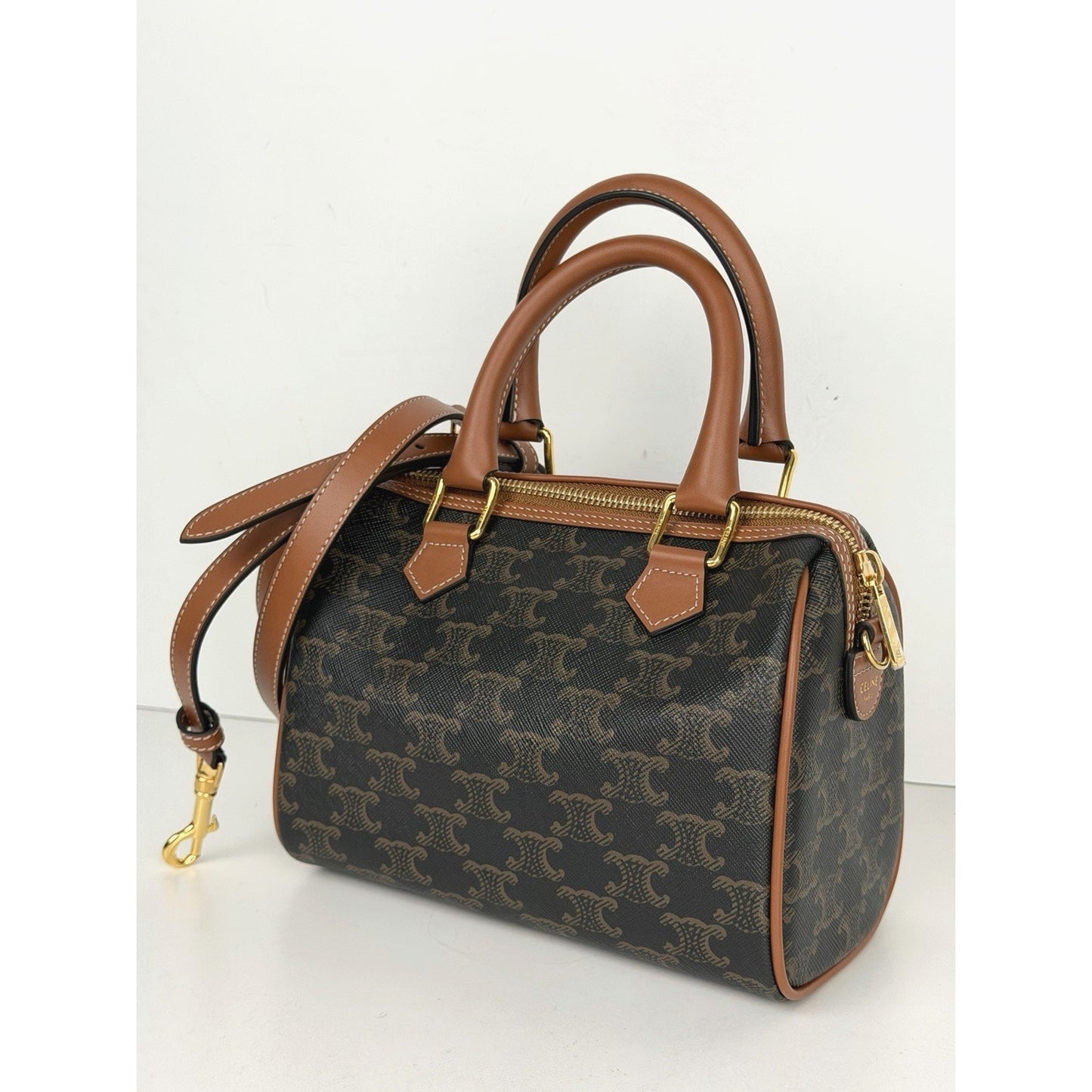 CELINE Small Boston Bag in Triomphe Canvas and Calfskin Leather E4