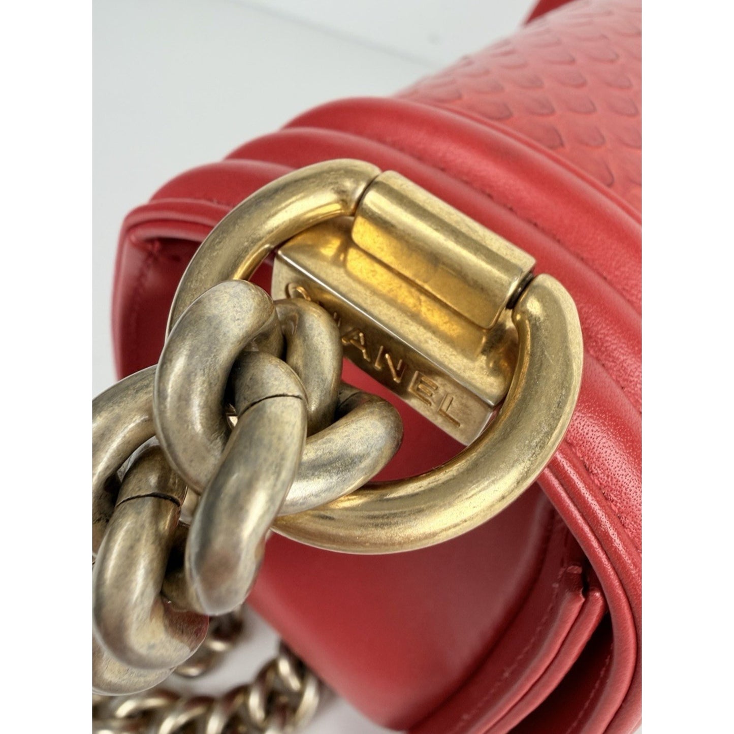 LAYAWAY: CHANEL Python Boy Bag Medium Red Leather Brushed Gold Hardware 2014 B4