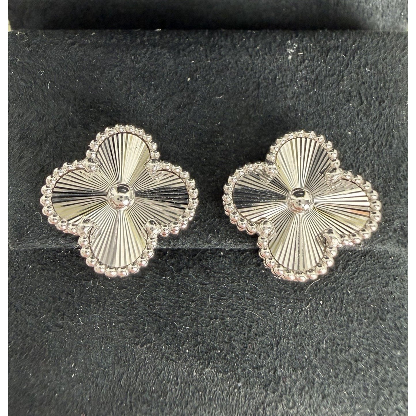 Van Cleef & Arpels Guilloche Alhambra Clover Earrings in 18k White Gold