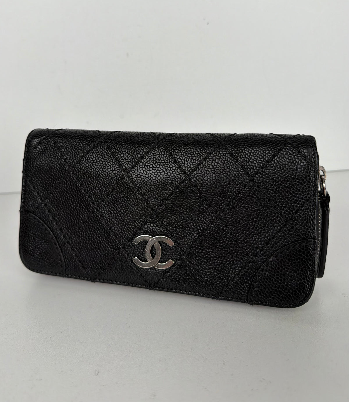 Chanel Quilted Caviar Leather Long Wallet in Black CC Logo 2006 K3