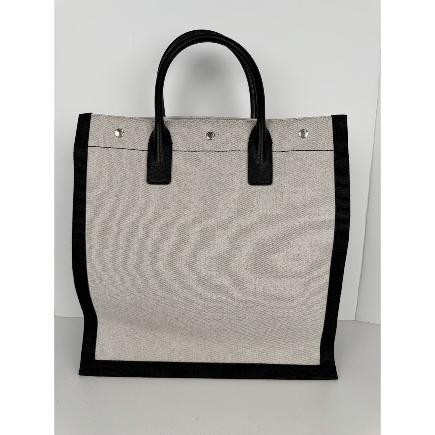 Saint Laurent Rive Gauche North/South Vertical Tote Bag White & Black Canvas S06