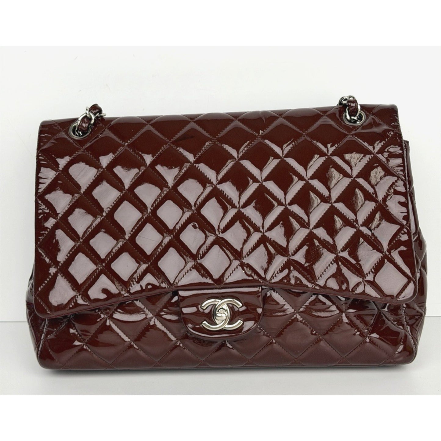 Chanel Maxi Classic Single Flap Bag Burgundy Quilted Patent Leather 2009-2010 D8
