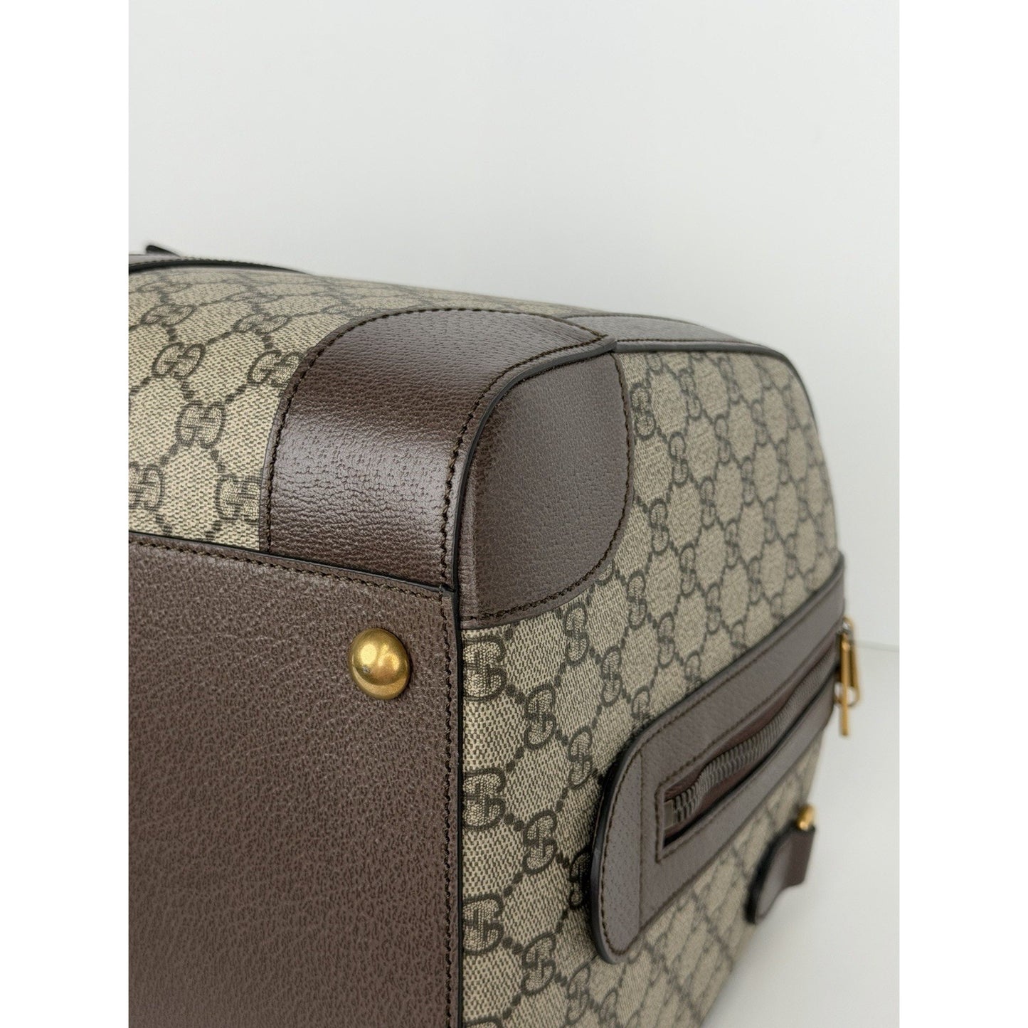 Gucci Savoy Medium Duffle Bag GG Supreme Canvas Brown Leather Trim