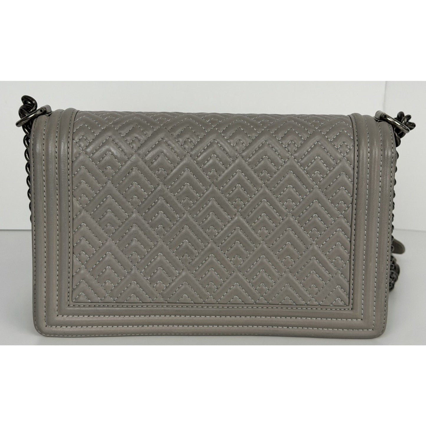 Chanel Boy Bag with Geometric Quilted Pattern in Gray Leather