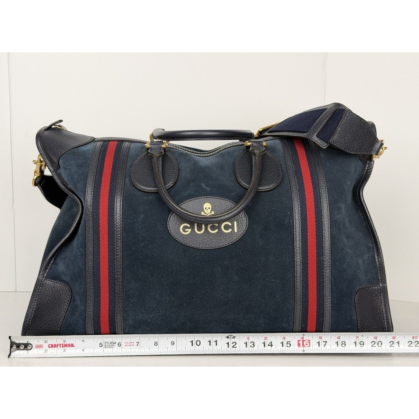 Gucci Neo Vintage Duffle Bag Medium in Dark Blue Suede With Leather Trim