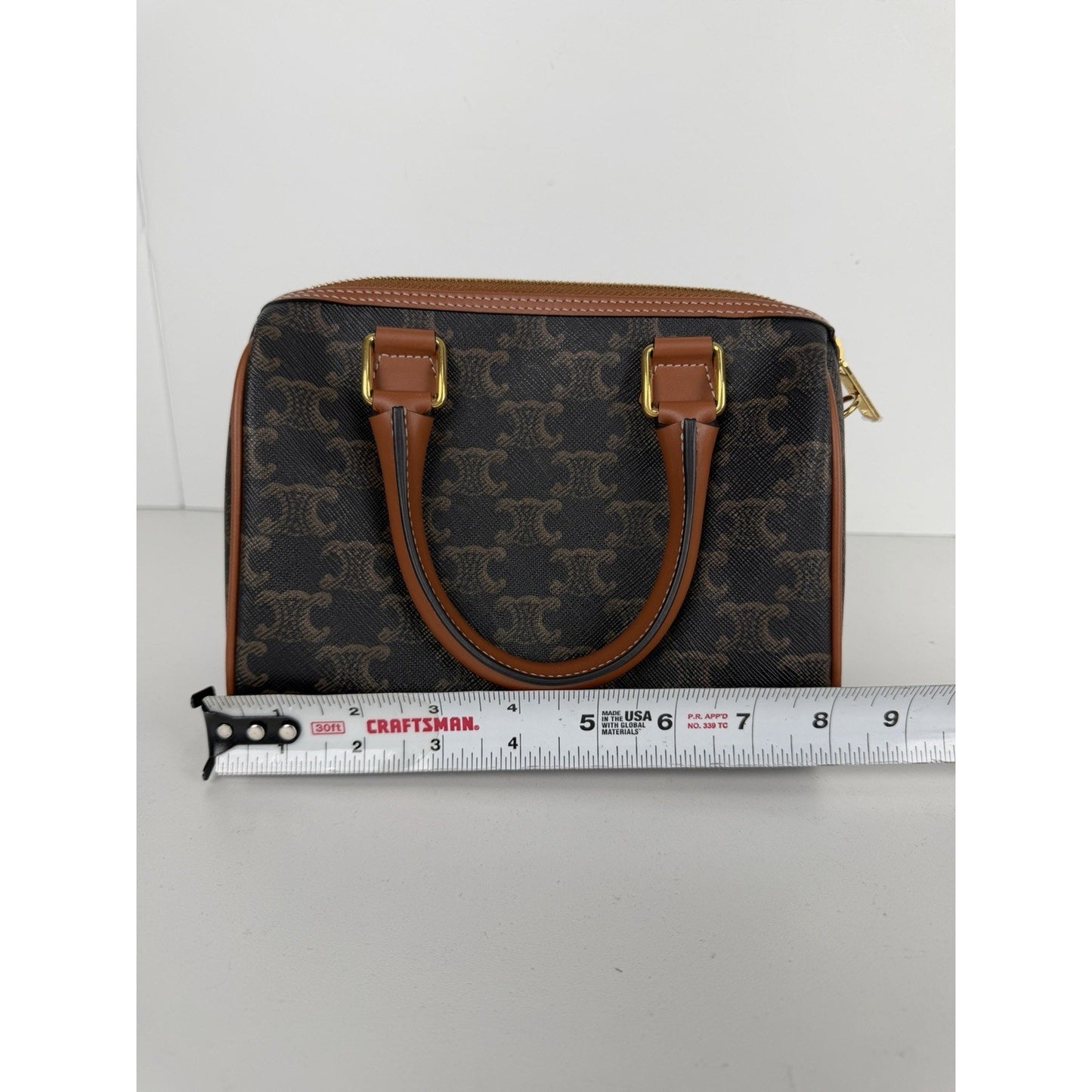 Celine Small Boston Bag in Tan Triomphe Coated Canvas F1
