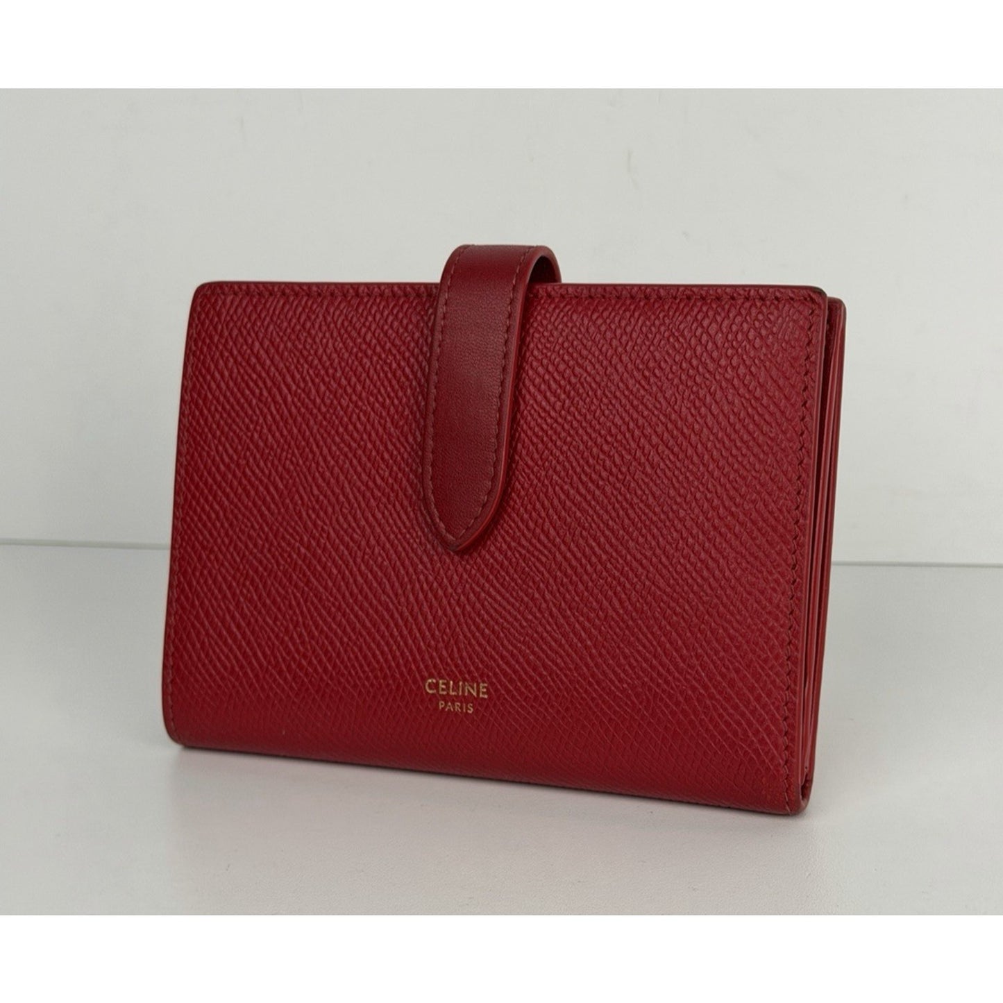 Celine Strap Wallet Medium Red Grained Calfskin Leather & Snap-Button K1