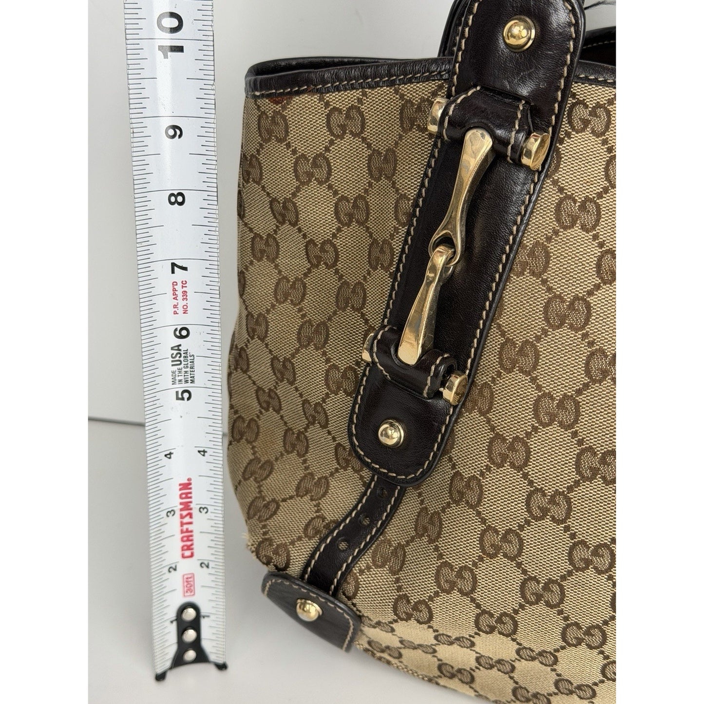 Gucci GG Pelham Shoulder Bag Canvas Braided Leather Handles & Gold Hardware S32