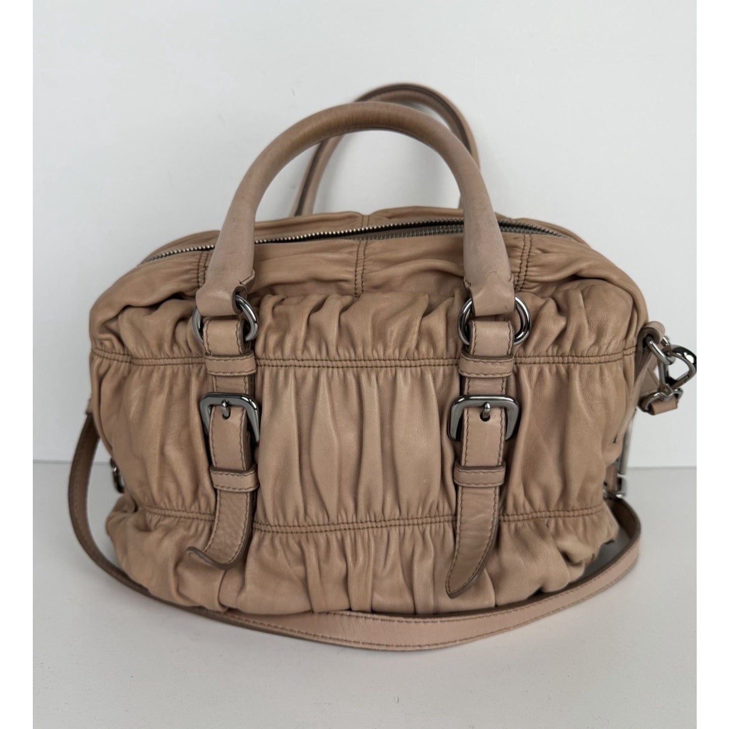 Prada Nappa Gaufre Satchel Bag in Beige Pleated Leather S-19